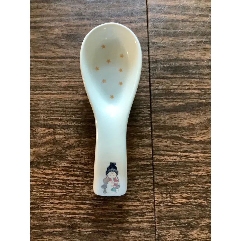 Home LifeStyles Ceramic Snowman Stars Spoon Rest 8”‎ White Winter Holiday